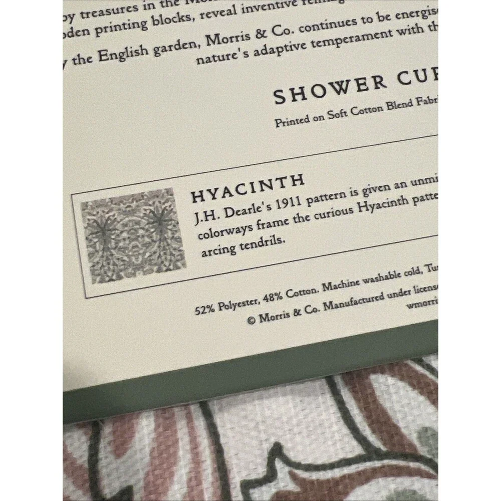 Morris & Co Hyacinth Green Floral Cotton Blend Fabric Shower Curtain 72 X 72 New